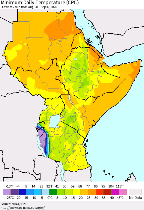 Eastern Africa Minimum Daily Temperature (CPC) Thematic Map For 8/31/2020 - 9/6/2020
