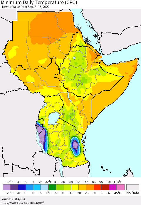 Eastern Africa Minimum Daily Temperature (CPC) Thematic Map For 9/7/2020 - 9/13/2020