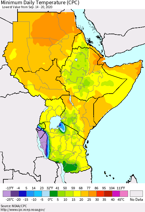 Eastern Africa Minimum Daily Temperature (CPC) Thematic Map For 9/14/2020 - 9/20/2020