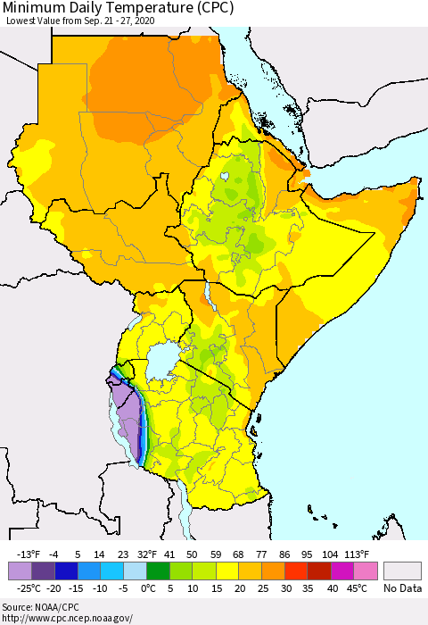 Eastern Africa Minimum Daily Temperature (CPC) Thematic Map For 9/21/2020 - 9/27/2020