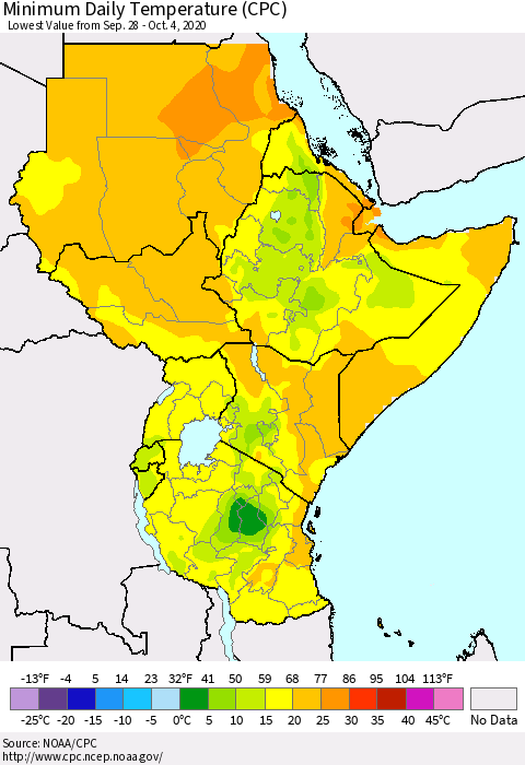 Eastern Africa Minimum Daily Temperature (CPC) Thematic Map For 9/28/2020 - 10/4/2020