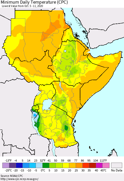 Eastern Africa Minimum Daily Temperature (CPC) Thematic Map For 10/5/2020 - 10/11/2020
