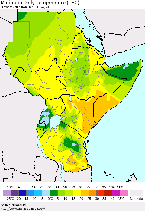 Eastern Africa Minimum Daily Temperature (CPC) Thematic Map For 1/18/2021 - 1/24/2021