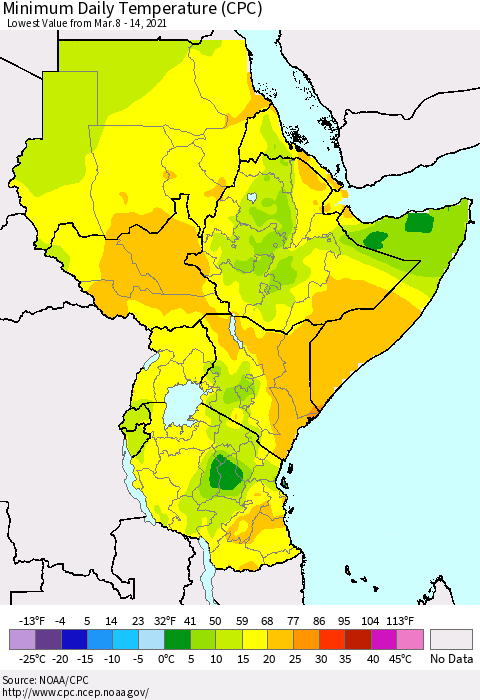 Eastern Africa Minimum Daily Temperature (CPC) Thematic Map For 3/8/2021 - 3/14/2021