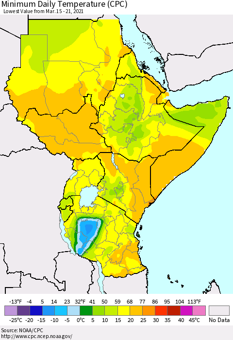 Eastern Africa Minimum Daily Temperature (CPC) Thematic Map For 3/15/2021 - 3/21/2021