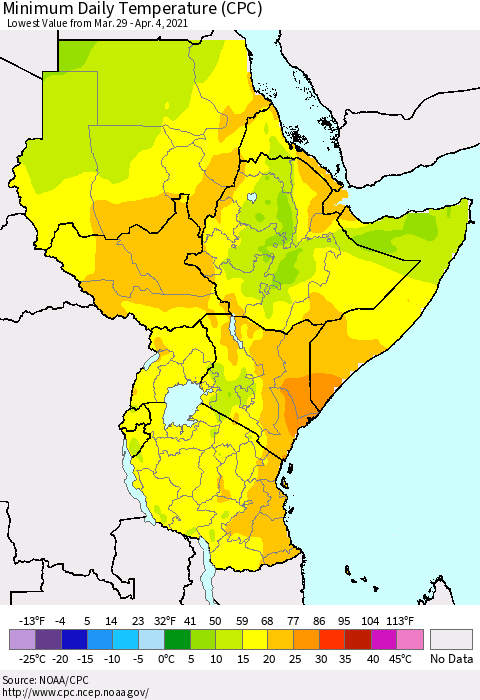 Eastern Africa Minimum Daily Temperature (CPC) Thematic Map For 3/29/2021 - 4/4/2021