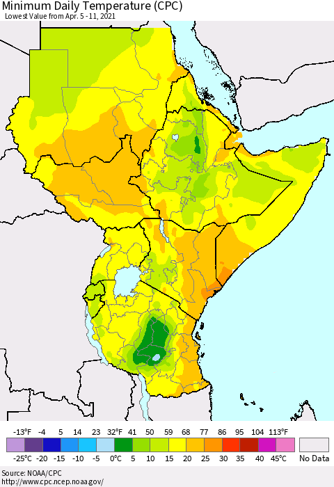 Eastern Africa Minimum Daily Temperature (CPC) Thematic Map For 4/5/2021 - 4/11/2021