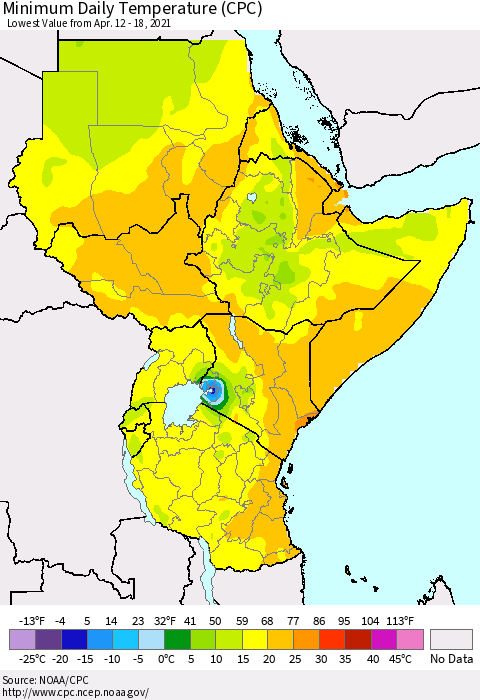 Eastern Africa Minimum Daily Temperature (CPC) Thematic Map For 4/12/2021 - 4/18/2021