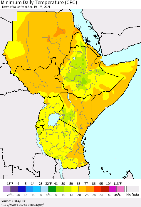 Eastern Africa Minimum Daily Temperature (CPC) Thematic Map For 4/19/2021 - 4/25/2021