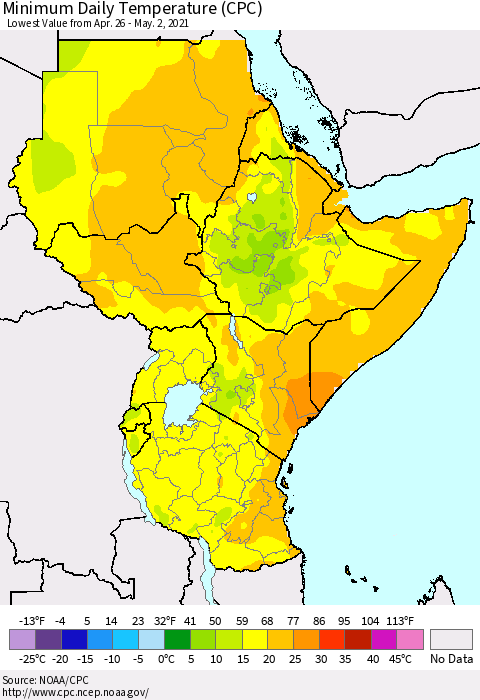 Eastern Africa Minimum Daily Temperature (CPC) Thematic Map For 4/26/2021 - 5/2/2021