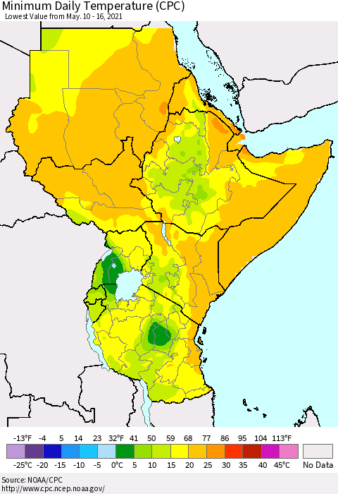 Eastern Africa Minimum Daily Temperature (CPC) Thematic Map For 5/10/2021 - 5/16/2021