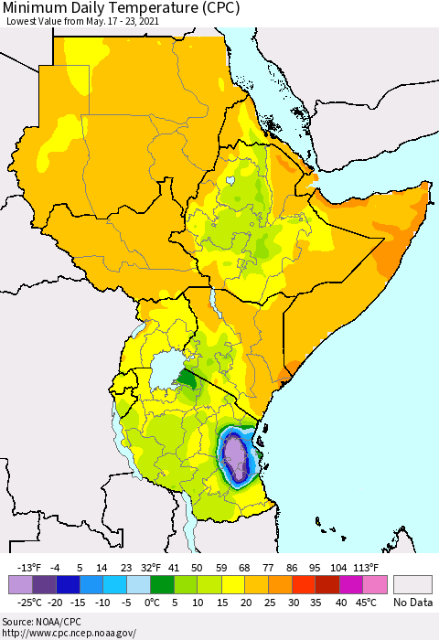 Eastern Africa Minimum Daily Temperature (CPC) Thematic Map For 5/17/2021 - 5/23/2021