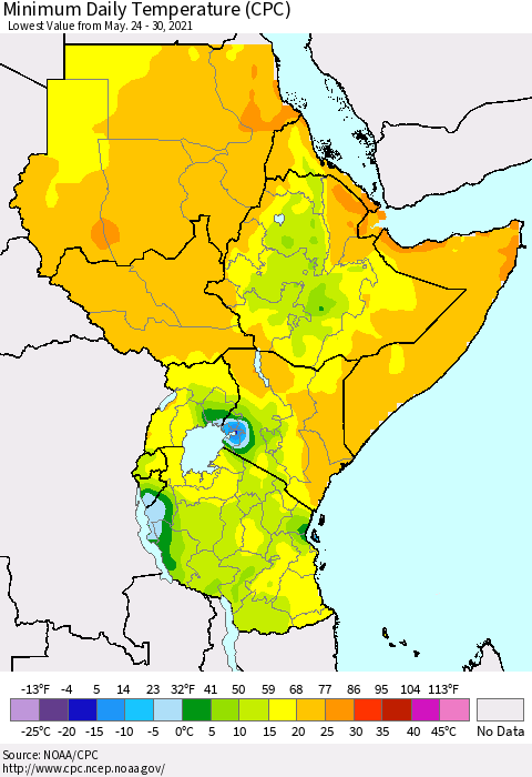 Eastern Africa Minimum Daily Temperature (CPC) Thematic Map For 5/24/2021 - 5/30/2021