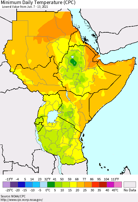 Eastern Africa Minimum Daily Temperature (CPC) Thematic Map For 6/7/2021 - 6/13/2021