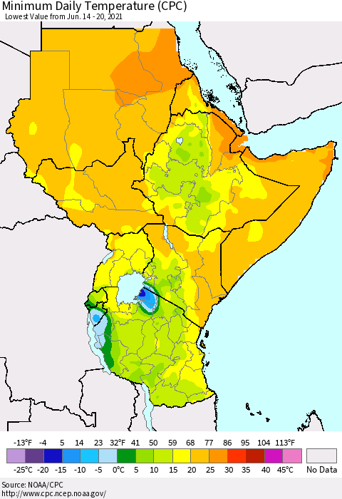 Eastern Africa Minimum Daily Temperature (CPC) Thematic Map For 6/14/2021 - 6/20/2021
