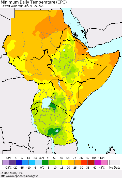 Eastern Africa Minimum Daily Temperature (CPC) Thematic Map For 6/21/2021 - 6/27/2021