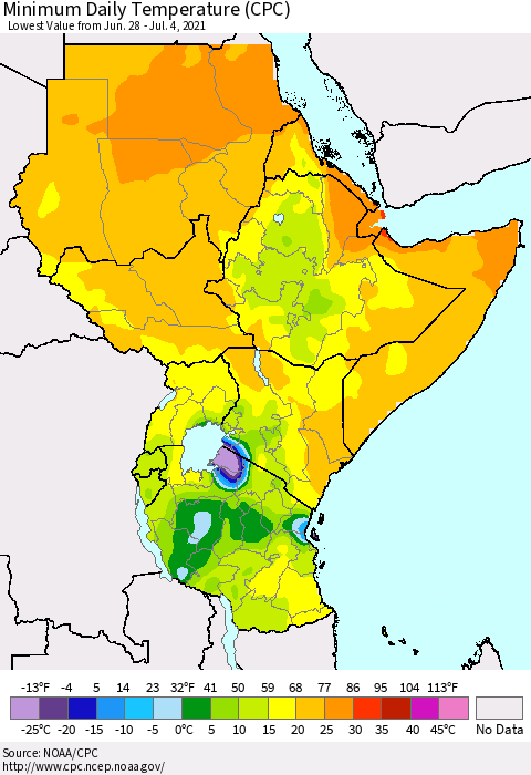 Eastern Africa Minimum Daily Temperature (CPC) Thematic Map For 6/28/2021 - 7/4/2021