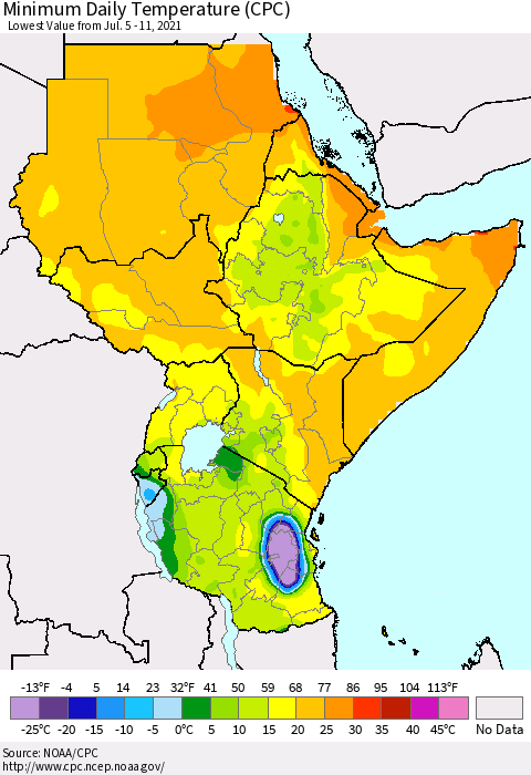 Eastern Africa Minimum Daily Temperature (CPC) Thematic Map For 7/5/2021 - 7/11/2021