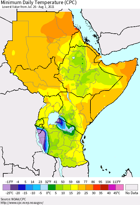 Eastern Africa Minimum Daily Temperature (CPC) Thematic Map For 7/26/2021 - 8/1/2021