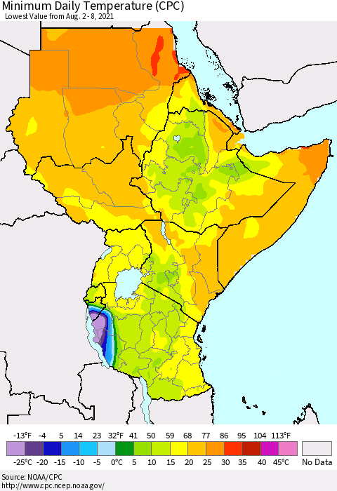 Eastern Africa Minimum Daily Temperature (CPC) Thematic Map For 8/2/2021 - 8/8/2021