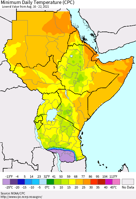 Eastern Africa Minimum Daily Temperature (CPC) Thematic Map For 8/16/2021 - 8/22/2021