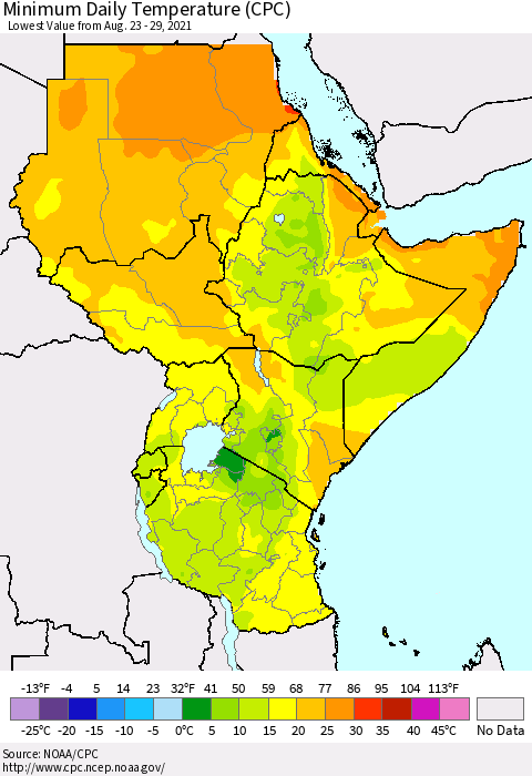 Eastern Africa Minimum Daily Temperature (CPC) Thematic Map For 8/23/2021 - 8/29/2021