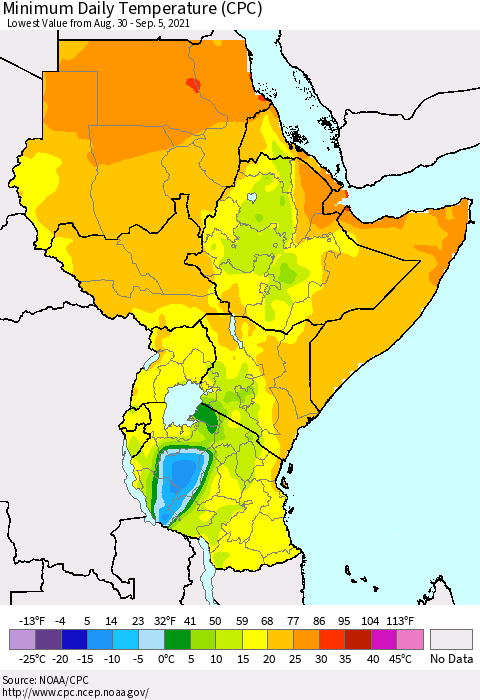 Eastern Africa Minimum Daily Temperature (CPC) Thematic Map For 8/30/2021 - 9/5/2021