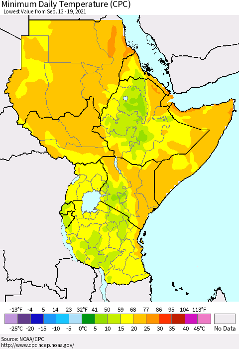 Eastern Africa Minimum Daily Temperature (CPC) Thematic Map For 9/13/2021 - 9/19/2021