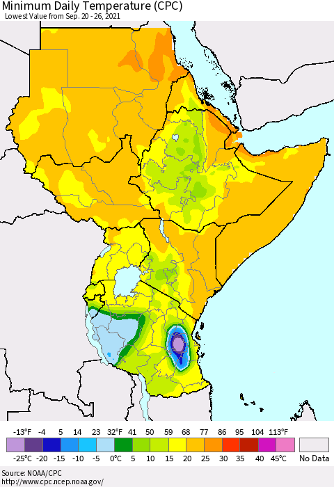 Eastern Africa Minimum Daily Temperature (CPC) Thematic Map For 9/20/2021 - 9/26/2021