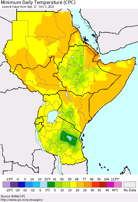 Eastern Africa Minimum Daily Temperature (CPC) Thematic Map For 9/27/2021 - 10/3/2021