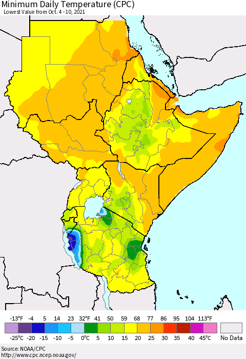 Eastern Africa Extreme Minimum Temperature (CPC) Thematic Map For 10/4/2021 - 10/10/2021