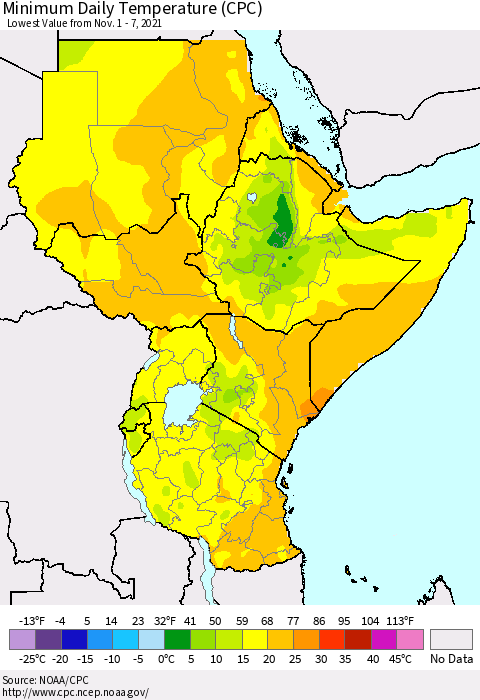 Eastern Africa Extreme Minimum Temperature (CPC) Thematic Map For 11/1/2021 - 11/7/2021