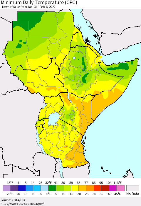 Eastern Africa Minimum Daily Temperature (CPC) Thematic Map For 1/31/2022 - 2/6/2022