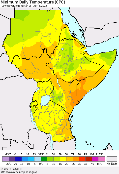 Eastern Africa Extreme Minimum Temperature (CPC) Thematic Map For 3/28/2022 - 4/3/2022
