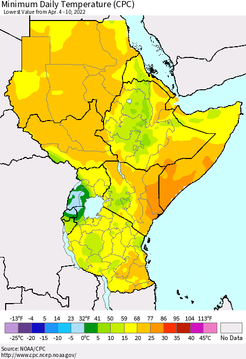Eastern Africa Extreme Minimum Temperature (CPC) Thematic Map For 4/4/2022 - 4/10/2022