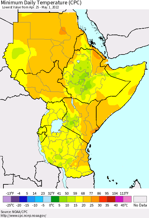 Eastern Africa Extreme Minimum Temperature (CPC) Thematic Map For 4/25/2022 - 5/1/2022