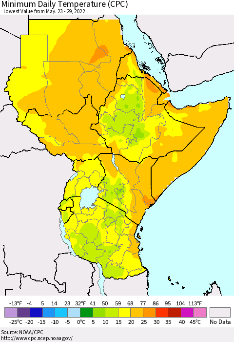 Eastern Africa Extreme Minimum Temperature (CPC) Thematic Map For 5/23/2022 - 5/29/2022