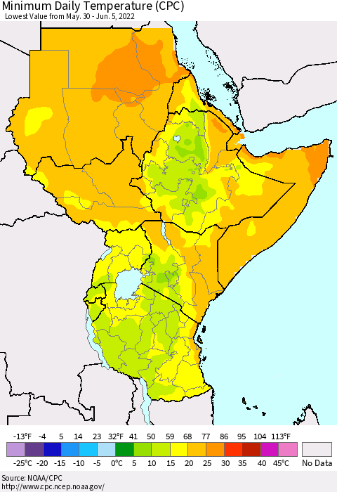 Eastern Africa Minimum Daily Temperature (CPC) Thematic Map For 5/30/2022 - 6/5/2022
