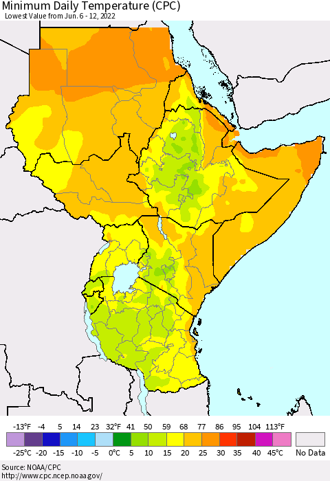 Eastern Africa Extreme Minimum Temperature (CPC) Thematic Map For 6/6/2022 - 6/12/2022