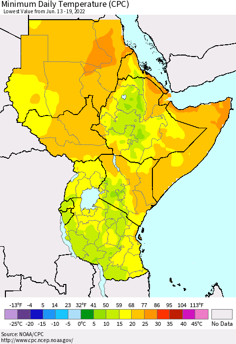 Eastern Africa Extreme Minimum Temperature (CPC) Thematic Map For 6/13/2022 - 6/19/2022