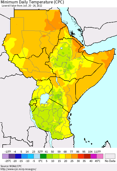 Eastern Africa Minimum Daily Temperature (CPC) Thematic Map For 6/20/2022 - 6/26/2022
