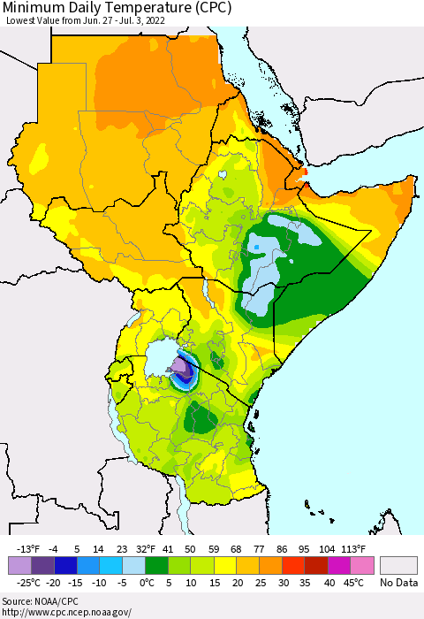 Eastern Africa Minimum Daily Temperature (CPC) Thematic Map For 6/27/2022 - 7/3/2022