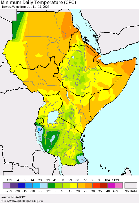 Eastern Africa Extreme Minimum Temperature (CPC) Thematic Map For 7/11/2022 - 7/17/2022