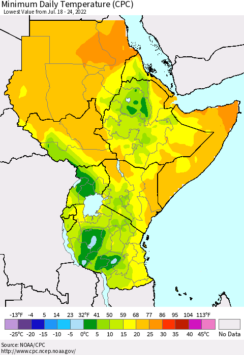 Eastern Africa Extreme Minimum Temperature (CPC) Thematic Map For 7/18/2022 - 7/24/2022
