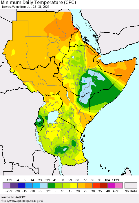 Eastern Africa Extreme Minimum Temperature (CPC) Thematic Map For 7/25/2022 - 7/31/2022