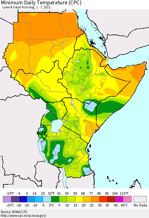 Eastern Africa Extreme Minimum Temperature (CPC) Thematic Map For 8/1/2022 - 8/7/2022