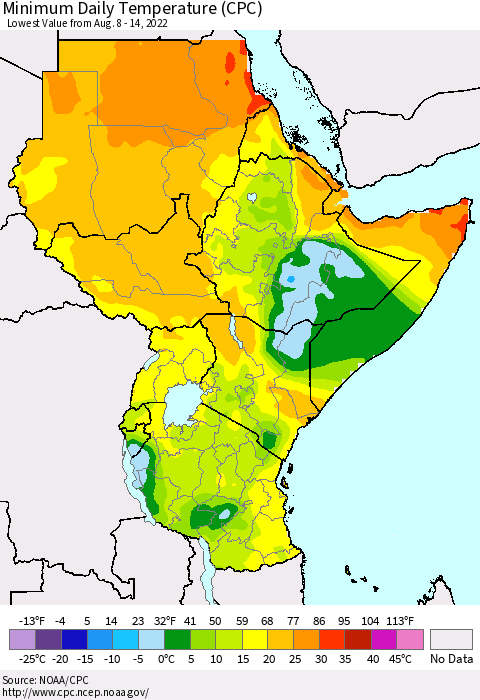 Eastern Africa Minimum Daily Temperature (CPC) Thematic Map For 8/8/2022 - 8/14/2022