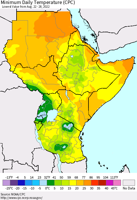 Eastern Africa Minimum Daily Temperature (CPC) Thematic Map For 8/22/2022 - 8/28/2022