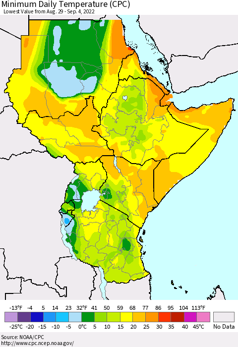 Eastern Africa Minimum Daily Temperature (CPC) Thematic Map For 8/29/2022 - 9/4/2022