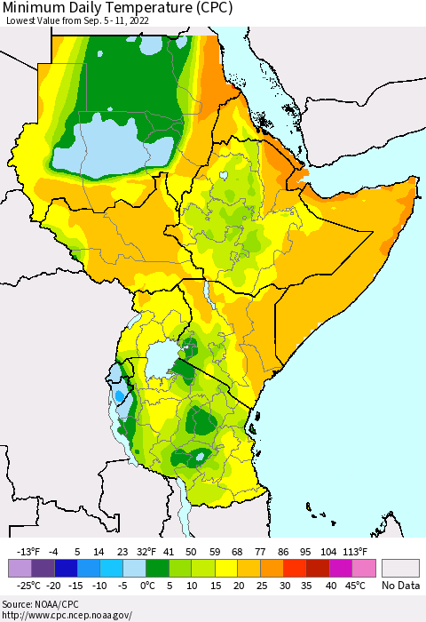 Eastern Africa Minimum Daily Temperature (CPC) Thematic Map For 9/5/2022 - 9/11/2022